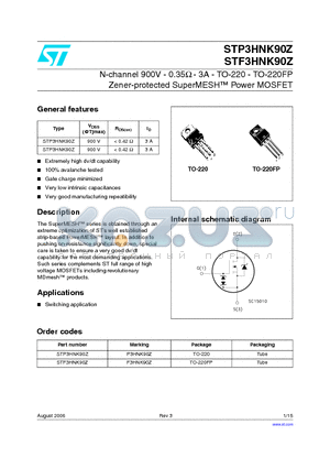 STP3HNK90Z datasheet - N-channel 900V - 0.35Y - 3A - TO-220 - TO-220FP Zener-protected SuperMESH Power MOSFET