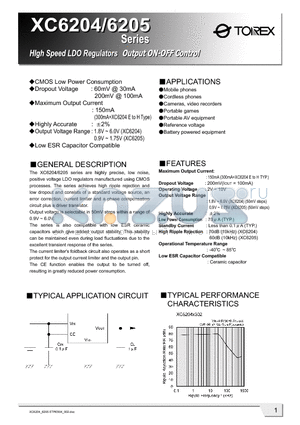 XC6204C datasheet - High Sprred LDO Regulators Output ON-OFF Control