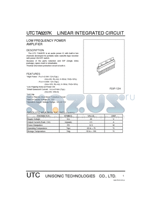 UTCTA8207K datasheet - LOW FREQUENCY POWER AMPLIFIER