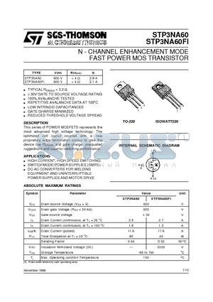 STP3NA60 datasheet - N - CHANNEL ENHANCEMENT MODE FAST POWER MOS TRANSISTOR