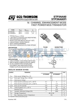 STP3NA80 datasheet - N - CHANNEL ENHANCEMENT MODE FAST POWER MOS TRANSISTOR