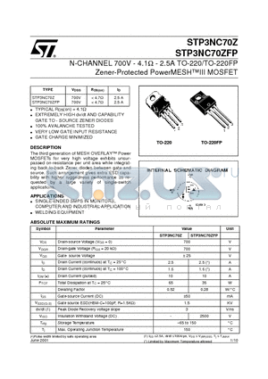 STP3NC70Z datasheet - N-CHANNEL 700V - 4.1ohm - 2.5A TO-220/TO-220FP Zener-Protected PowerMESHIII MOSFET