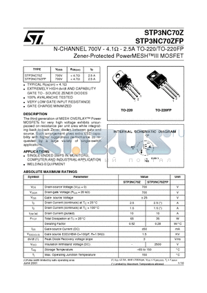 STP3NC70ZFP datasheet - N-CHANNEL 700V - 4.1ohm - 2.5A TO-220/TO-220FP Zener-Protected PowerMESHIII MOSFET