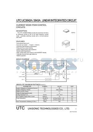 UTCUC3842A datasheet - CURRENT MODE PWM CONTROL CIRCUITS