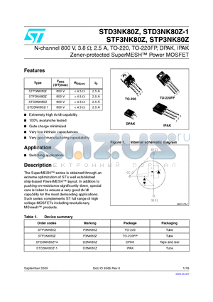 STP3NK80Z datasheet - N-channel 800 V, 3.8 Y, 2.5 A, TO-220, TO-220FP, DPAK, IPAK Zener-protected SuperMESH Power MOSFET