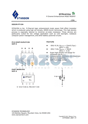 STP4435A datasheet - STP4435A is the P-Channel logic enhancement mode power field effect transistor which is produced using high cell density, DMOS trench technology.