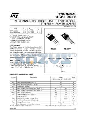 STP45NE06L datasheet - N - CHANNEL 60V - 0.022ohm - 45A - TO-220/TO-220FP STripFET  POWER MOSFET