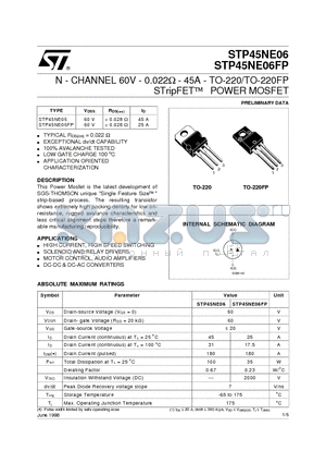 STP45NE06 datasheet - N - CHANNEL 60V - 0.022ohm - 45A - TO-220/TO-220FP STripFETO POWER MOSFET