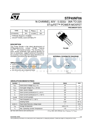 STP45NF06 datasheet - N-CHANNEL 60V - 0.022ohm - 38A TO-220 STripFET POWER MOSFET