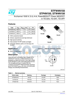 STP4N150 datasheet - N-channel 1500 V, 5 Y, 4 A, PowerMESH Power MOSFET in TO-220, TO-247, TO-3PF