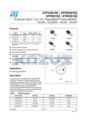 STP4N150 datasheet - N-channel 1500 V - 5 Y - 4 A - PowerMESH Power MOSFET TO-220 - TO-220FH - TO-247 - TO-3PF