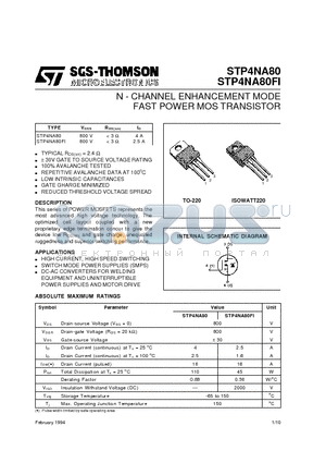 STP4NA80 datasheet - N - CHANNEL ENHANCEMENT MODE FAST POWER MOS TRANSISTOR