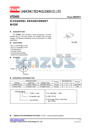 UTD452L-TN3-R datasheet - N-CHANNEL ENHANCEMENT MODE