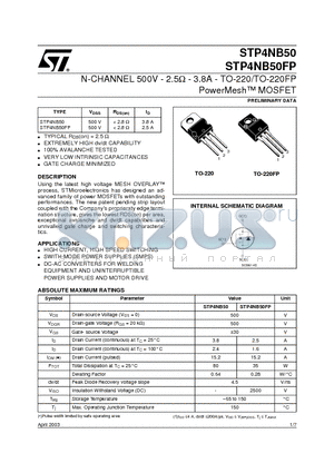 STP4NB50FP datasheet - N-CHANNEL 500V - 2.5ohm - 3.8A - TO-220/TO-220FP PowerMesh MOSFET