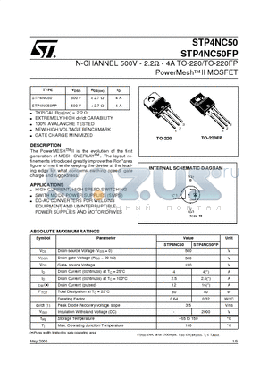 STP4NC50 datasheet - N-CHANNEL 500V - 2.2ohm - 4A TO-220/TO-220FP PowerMeshII MOSFET