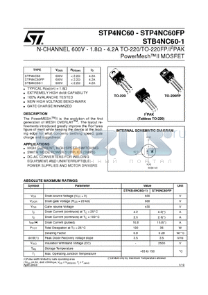 STP4NC60FP datasheet - N-CHANNEL 600V - 1.8ohm - 4.2A TO-220/TO-220FP/I2PAK PowerMeshII MOSFET