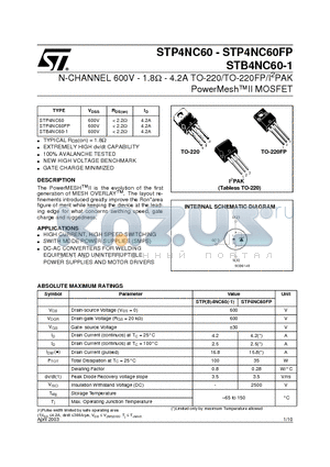 STP4NC60 datasheet - N-CHANNEL 600V - 1.8ohm - 4.2A TO-220/TO-220FP/I2PAK PowerMeshII MOSFET