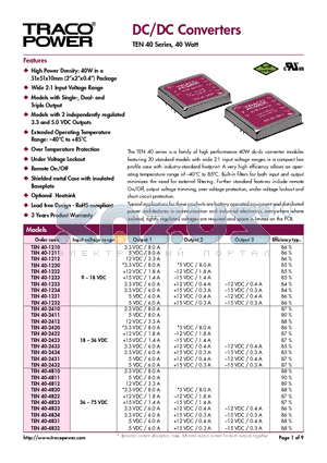 TEN40-4811 datasheet - DC/DC Converters - TEN 40 Series, 40 Watt