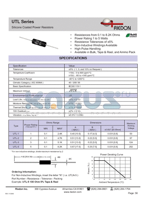 UTL-2 datasheet - Silicone Coated Power Resistors