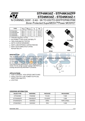 STP4NK50Z datasheet - N-CHANNEL 500V - 2.4ohm - 3A TO-220/TO-220FP/DPAK/IPAK Zener-Protected SuperMESHPower MOSFET