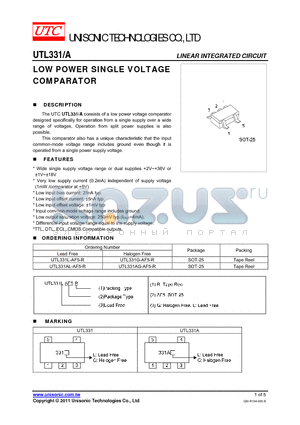 UTL331A datasheet - LOW POWER SINGLE VOLTAGE COMPARATOR