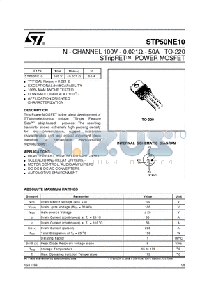 STP50NE10 datasheet - N-channel 100V - 0.021 - 50A TO-220 STripFET Power MOSFET