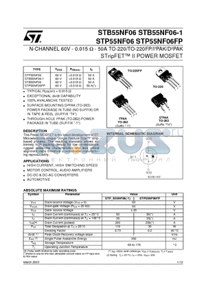 STP55NF06FP datasheet - N-CHANNEL 60V - 0.015 ohm - 50A TO-220/TO-220FP/I PAK/DbPAK STripFET II POWER MOSFET