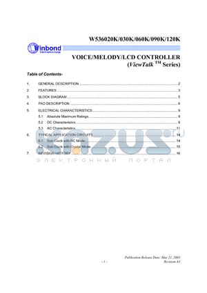W536030K datasheet - VOICE/MELODY/LCD CONTROLLER (ViewTalk TM Series)