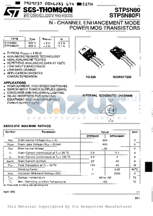 STP5N80 datasheet - N-CHANNEL ENHANCEMENT MODE POWER MOS TRANSISTORS