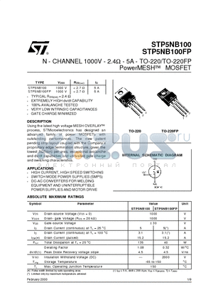 STP5NB100FP datasheet - N - CHANNEL 1000V - 2.4ohm - 5A - TO-220/TO-220FP PowerMESH MOSFET