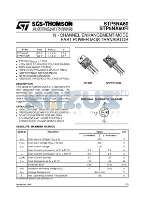 STP5NA60 datasheet - N - CHANNEL ENHANCEMENT MODE FAST POWER MOS TRANSISTOR