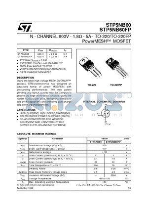 STP5NB60 datasheet - N - CHANNEL 600V - 1.8ohm - 5A - TO-220/TO-220FP PowerMESH  MOSFET