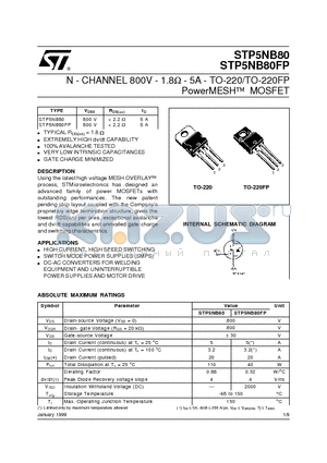 STP5NB80 datasheet - N - CHANNEL 800V - 1.8ohm - 5A - TO-220/TO-220FP PowerMESH  MOSFET