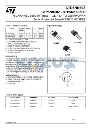 STP5NK60Z datasheet - N-CHANNEL 600V - 1.2ohm - 5A TO-220/TO-220FP/DPAK Zener-Protected SuperMESH Power MOSFET