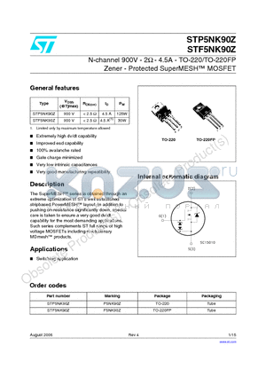 STP5NK90Z datasheet - N-channel 900V - 2Y - 4.5A - TO-220/TO-220FP Zener - Protected SuperMESH MOSFET