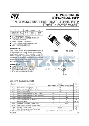 STP60NE06L-16 datasheet - N - CHANNEL 60V - 0.014ohm - 60A TO-220/TO-220FP STripFET  POWER MOSFET