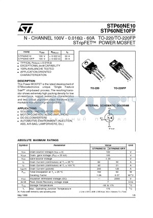 STP60NE10FP datasheet - N - CHANNEL 100V - 0.016W - 60A TO-220/TO-220FP STripFET] POWER MOSFET