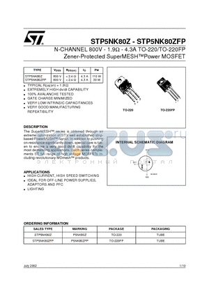 STP5NK80ZFP datasheet - N-CHANNEL 800V - 1.9ohm - 4.3A TO-220/TO-220FP Zener-Protected SuperMESHPower MOSFET