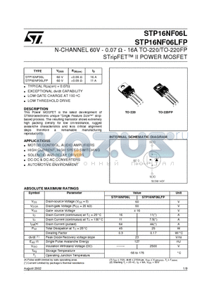 STP60NF06LFP datasheet - N-CHANNEL 60V - 0.07 ohm - 16A TO-220/TO-220FP STripFET II POWER MOSFET