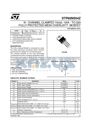 STP60NS04Z datasheet - N - CHANNEL CLAMPED 10mohm - 60A - TO-220 FULLY PROTECTED MESH OVERLAY  MOSFET