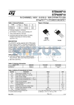 STP60NF10 datasheet - N-CHANNEL 100V - 0.019ohm - 80A D2PAK/TO-220 STripFET II POWER MOSFET