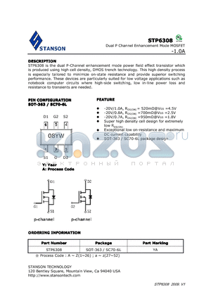 STP6308 datasheet - STP6308 is the dual P-Channel enhancement mode power field effect transistor which is produced using high cell density, DMOS trench technology.