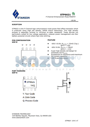 STP6621 datasheet - STP6621 is the P-Channel logic enhancement mode power field effect transistor which is produced using high cell density, DMOS trench technology.