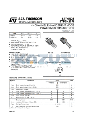 STP6N25FI datasheet - N - CHANNEL ENHANCEMENT MODE POWER MOS TRANSISTORS