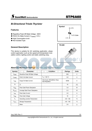 STP6A60 datasheet - Bi-Directional Triode Thyristor