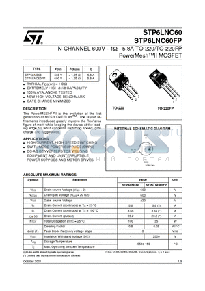 STP6LNC60 datasheet - N-CHANNEL 600V - 1ohm - 5.8A TO-220/TO-220FP PowerMeshII MOSFET