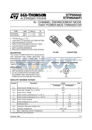 STP6NA60FI datasheet - N - CHANNEL ENHANCEMENT MODE FAST POWER MOS TRANSISTOR