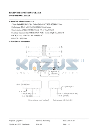 S4995 datasheet - T1/CEPT/ISDN-PRI TRANSFORMER