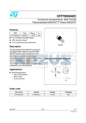 STP70NS04ZC datasheet - N-channel clamped 8mY - 80A TO-220 Fully protected SAFeFET Power MOSFET