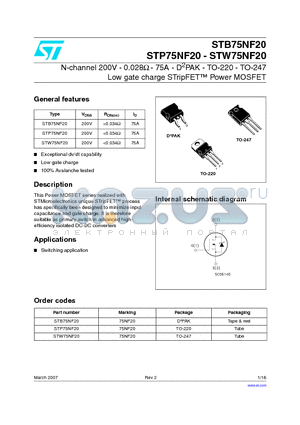 STP75NF20 datasheet - N-channel 200V - 0.028Y - 75A - D2PAK - TO-220 - TO-247 Low gate charge STripFET Power MOSFET